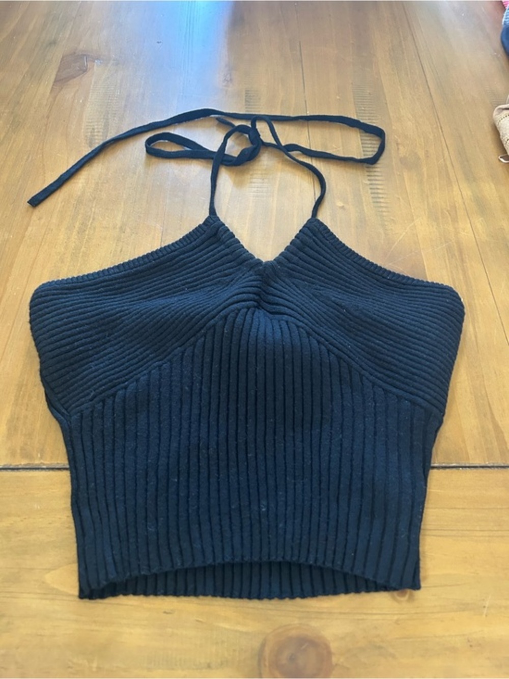 NWOT AE Black Ribbed Sweater Halter Crop Top